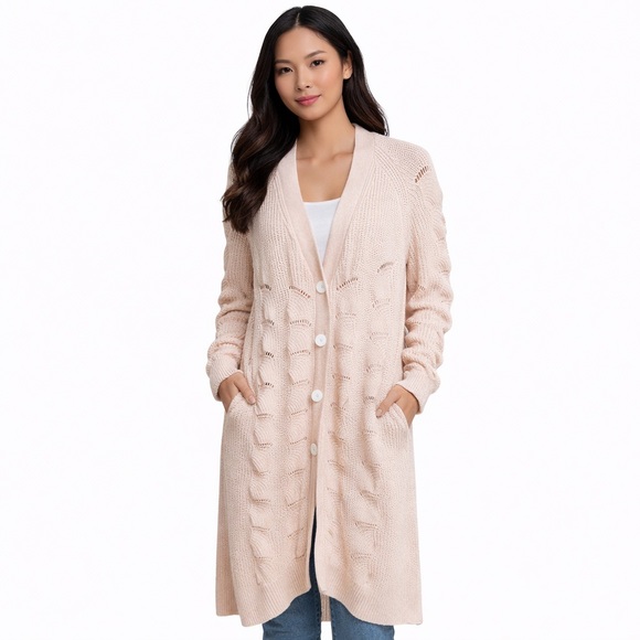 Elie Tahari Sweaters - Ellie Tahari 100% Cashmere Long Cable Knit Cardigan Sweater Luxury Neutral